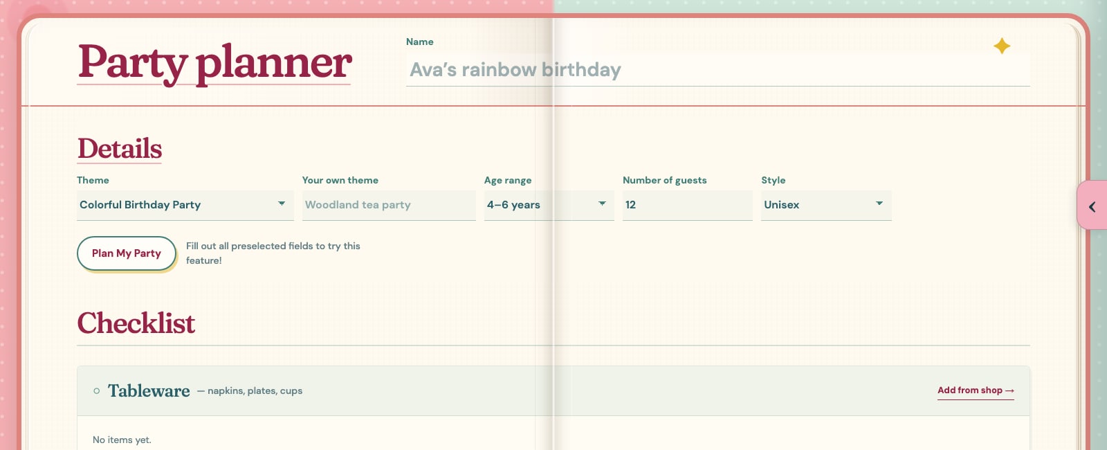 The Party Planner page showing party details and a shoppable checklist