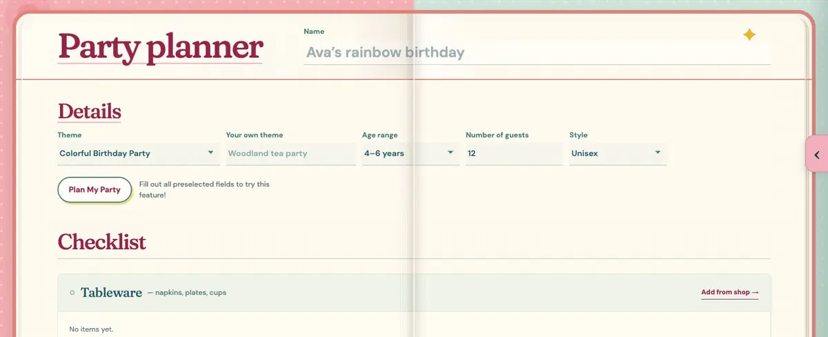 The Party Planner page showing party details and a shoppable checklist