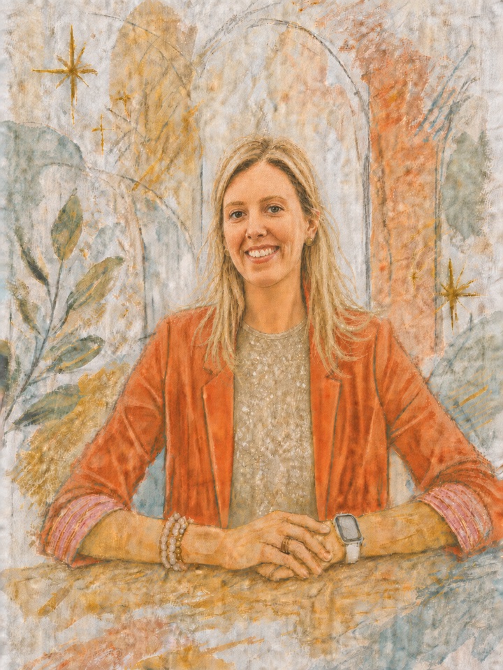 Watercolor and pencil portrait of the founder of Little Sparks, Big Hearts
