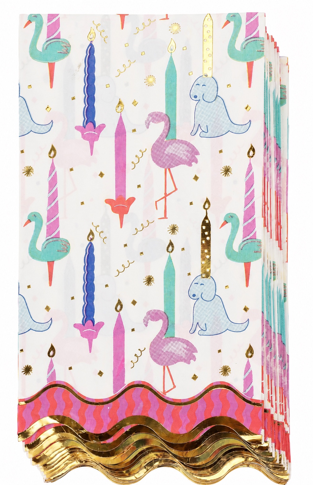 Colorful patterned party napkins with whimsical candle and animal motifs
